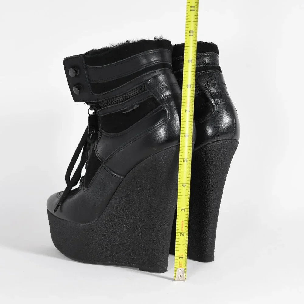 Burberry Black Leather Lace-Up Wedge Boots Women’s Size 38 - Picture 7 of 16